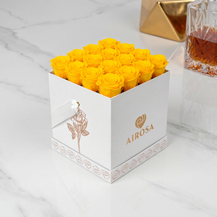 Flores Amarillas Box Blanco 16 Rosas Eternas