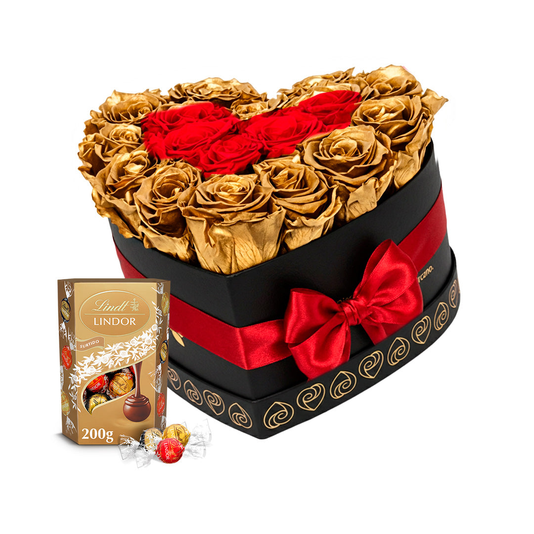 Corazón de Oro: Rosas Preservadas con Chocolates Lindt