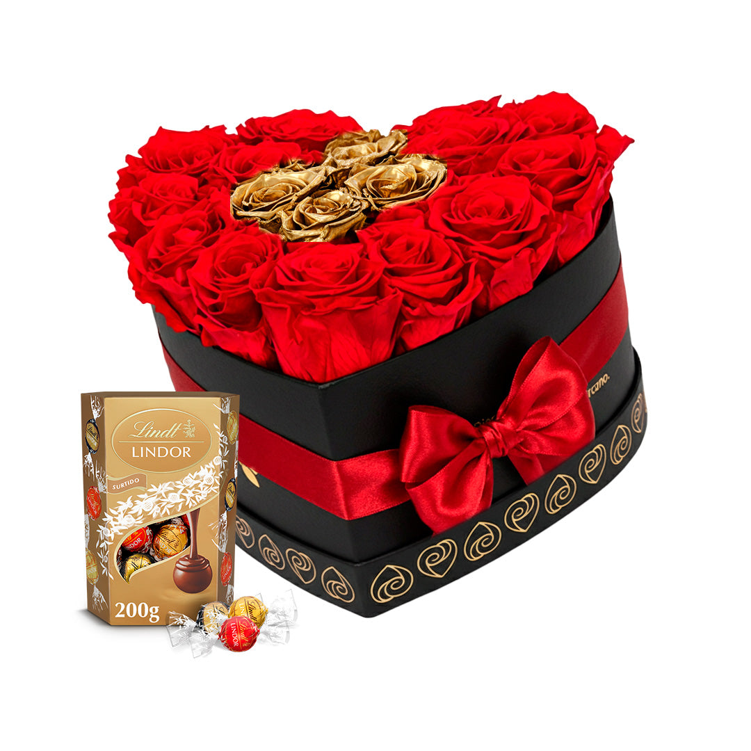 Amor Eterno Dorado: rosas preservadas con chocolate Lindt