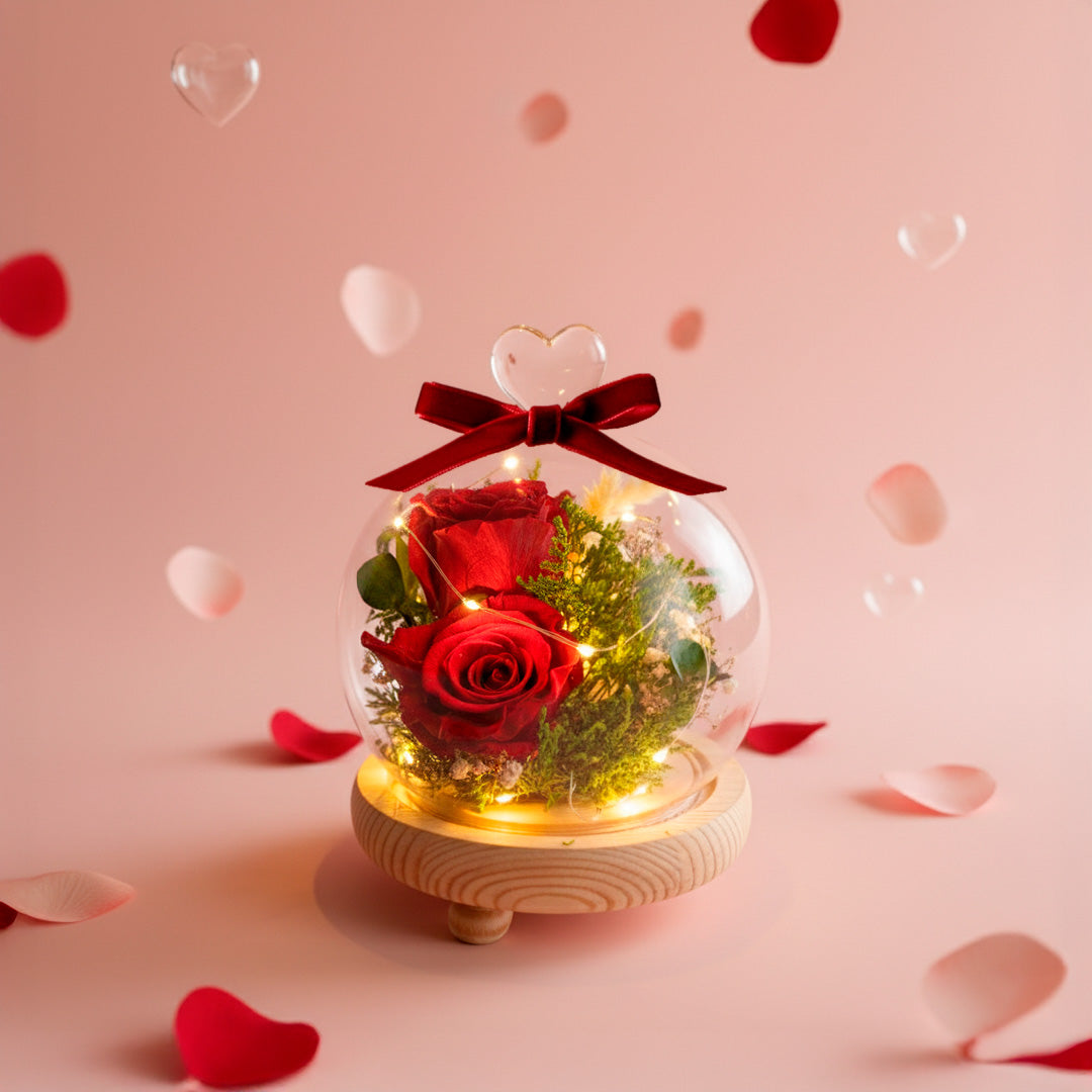 Cupula Eterna Airosa dos rosas preservadas - Luz Led