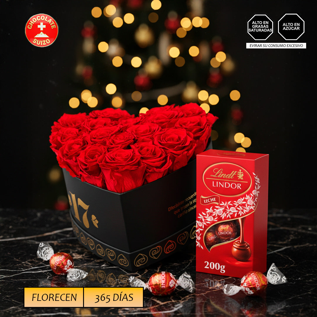 Amor 17 Rosas Preservadas  Airosa - Chocolate Suizo 200 Gr