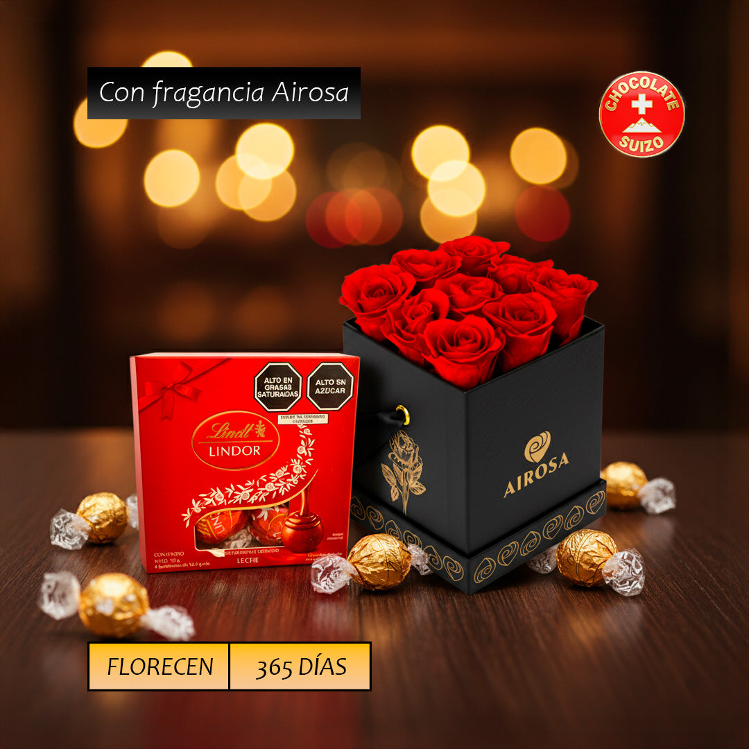 Box Trinity Airosa Rosas Preservadas Airosa - Chocolate Suizo Lindt