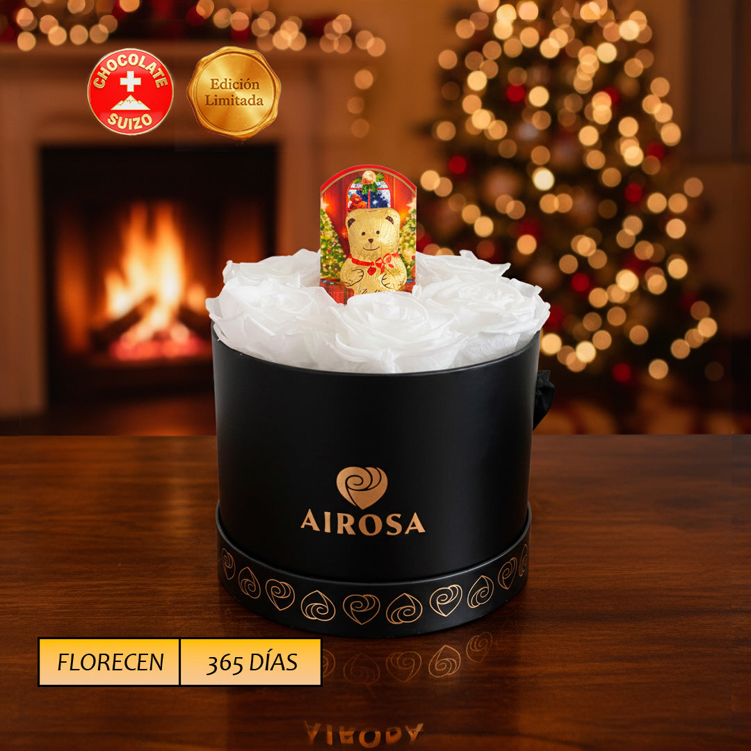 Box 07 Rosas Eternas blanco Naturales Airosa - Chocolate Suizo Lindt Oso Teddy