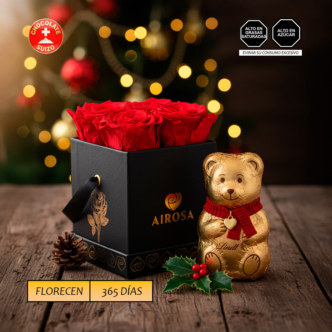 Divina 04 Rosas Preservadas  Airosa - Chocolate Suizo Oso Teddy 100 Gr